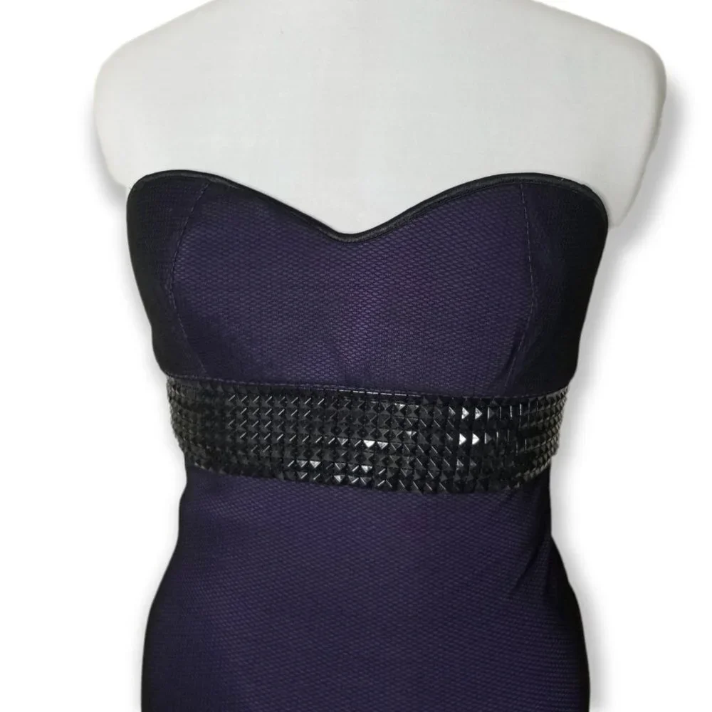 ⚡️Coquette Purple Body Con Fitted Mini Dress Fishnet Overlay Pyramid Stud Punk - Picture 7 of 8